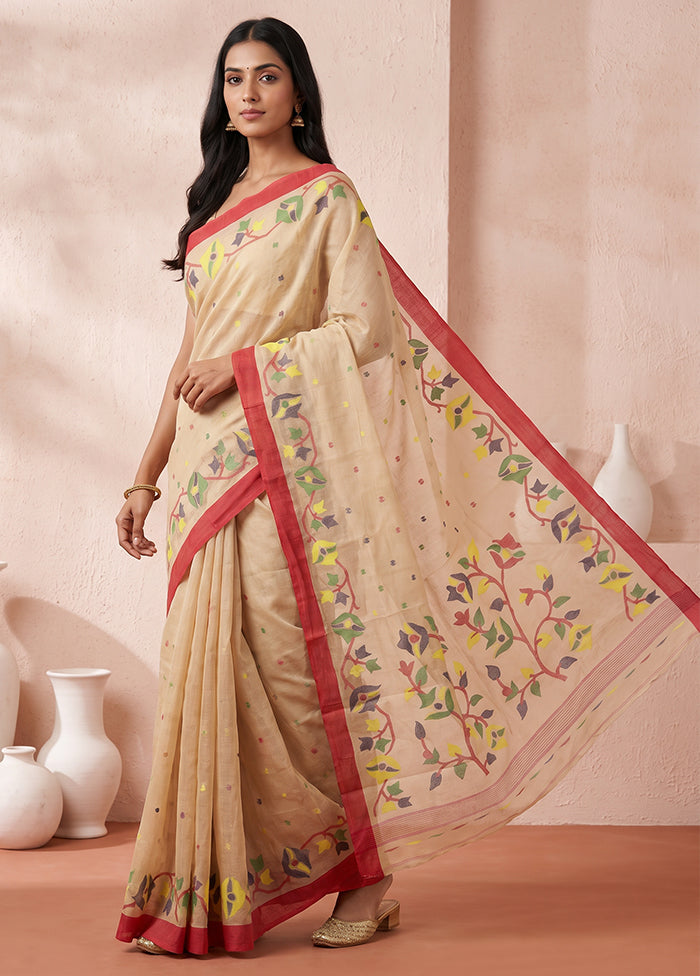 Cream Pure Cotton Jamdani Saree Without Blouse Piece