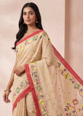 Cream Pure Cotton Jamdani Saree Without Blouse Piece