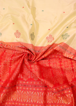 Cream Handloom Bomkai Pure Silk Saree With Blouse Piece
