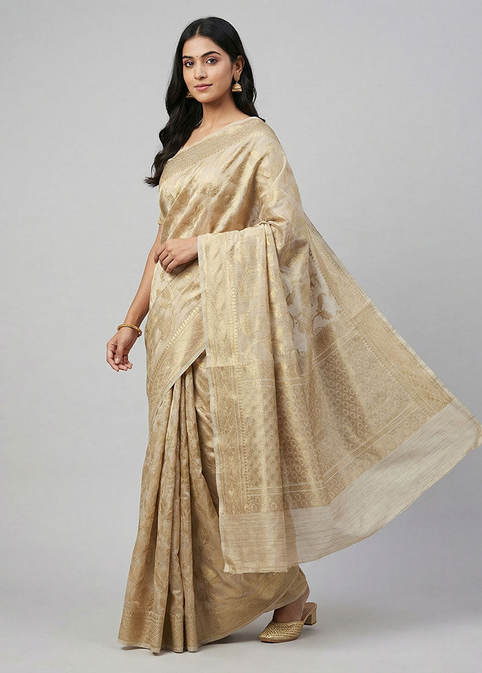 Cream Tussar Silk Saree With Blouse Piece