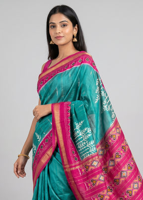 Green Handloom Ikkat Pure Silk Saree With Blouse Piece