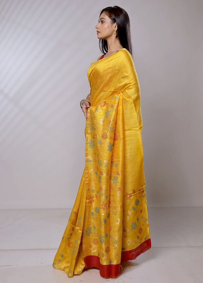 Yellow Handloom Matka Pure Silk Saree With Blouse Piece - Indian Silk House Agencies
