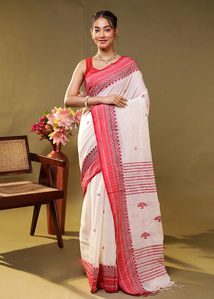 White Khadi Cotton Saree With Blouse Piece