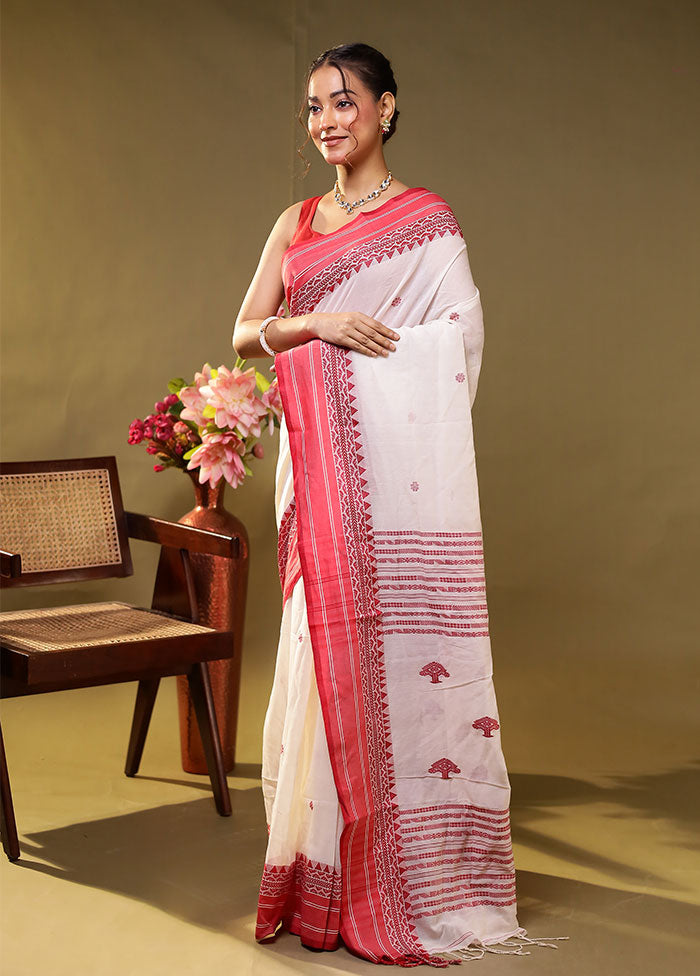 White Khadi Cotton Saree With Blouse Piece