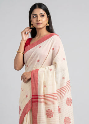 White Khadi Cotton Saree With Blouse Piece