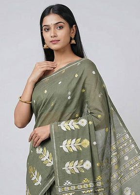 Green Jamdani Cotton Saree Without Blouse Piece