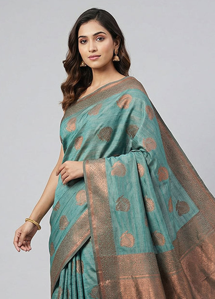 Blue Kora Silk Saree With Blouse Piece