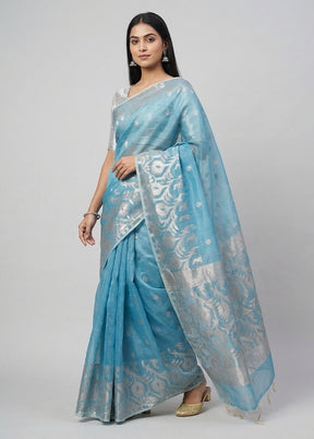Blue Organza Saree With Blouse Piece