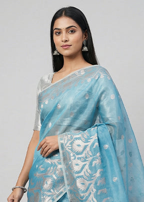 Blue Organza Saree With Blouse Piece