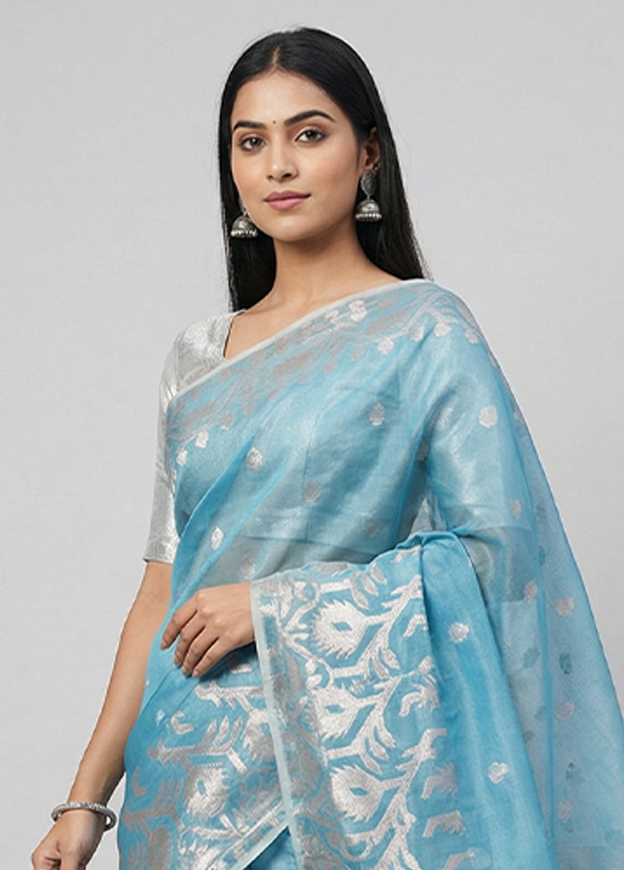 Blue Organza Saree With Blouse Piece