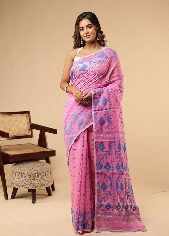 Pink Jamdani Cotton Saree Without Blouse Piece
