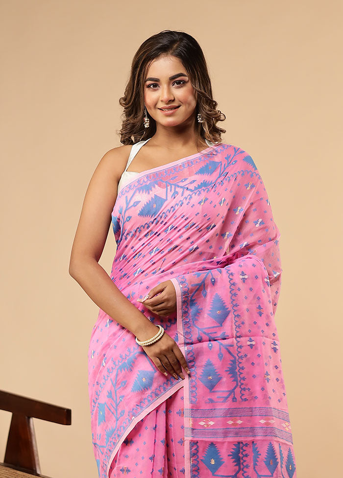 Pink Jamdani Cotton Saree Without Blouse Piece