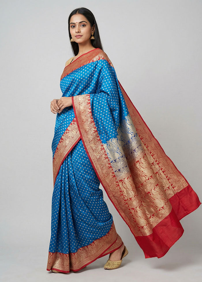 Blue Handloom Banarasi Pure Silk Saree With Blouse Piece