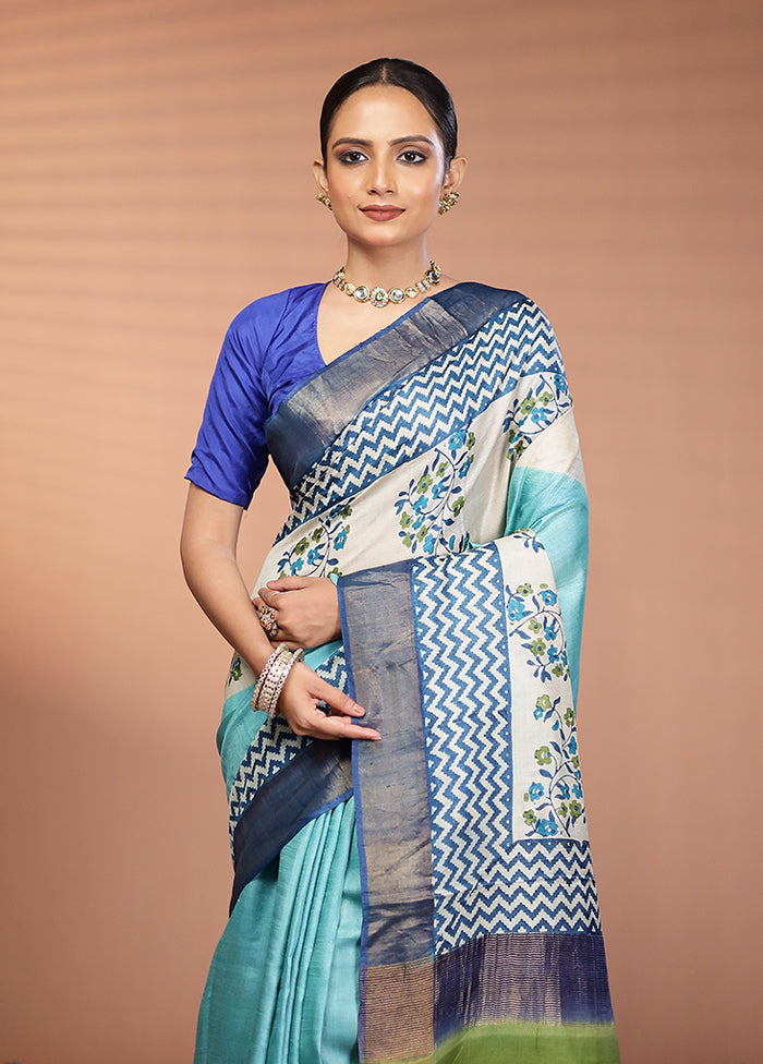 Cream Handloom Tussar Pure Silk Saree With Blouse Piece