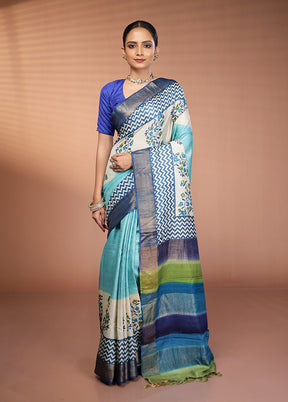 Cream Handloom Tussar Pure Silk Saree With Blouse Piece