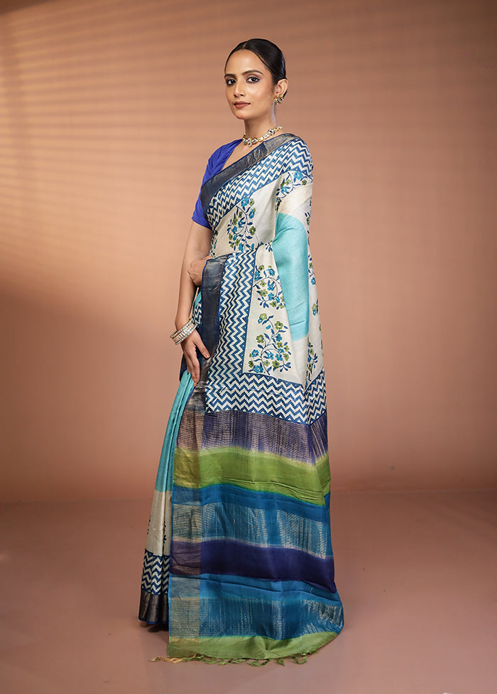 Cream Handloom Tussar Pure Silk Saree With Blouse Piece