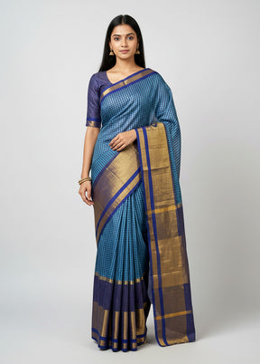 Blue Handloom Kanjivaram Pure Silk Saree With Blouse Piece
