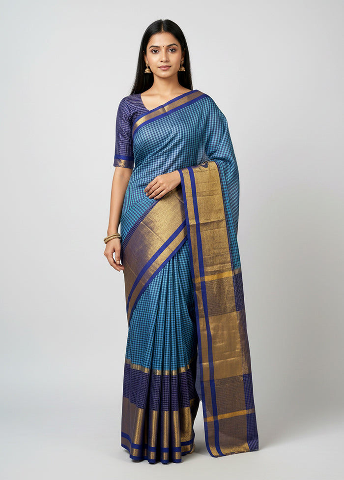Blue Handloom Kanjivaram Pure Silk Saree With Blouse Piece