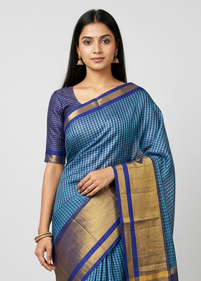 Blue Handloom Kanjivaram Pure Silk Saree With Blouse Piece