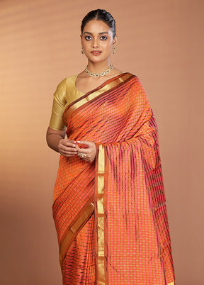 Rust Handloom Kanjivaram Pure Silk Saree With Blouse Piece