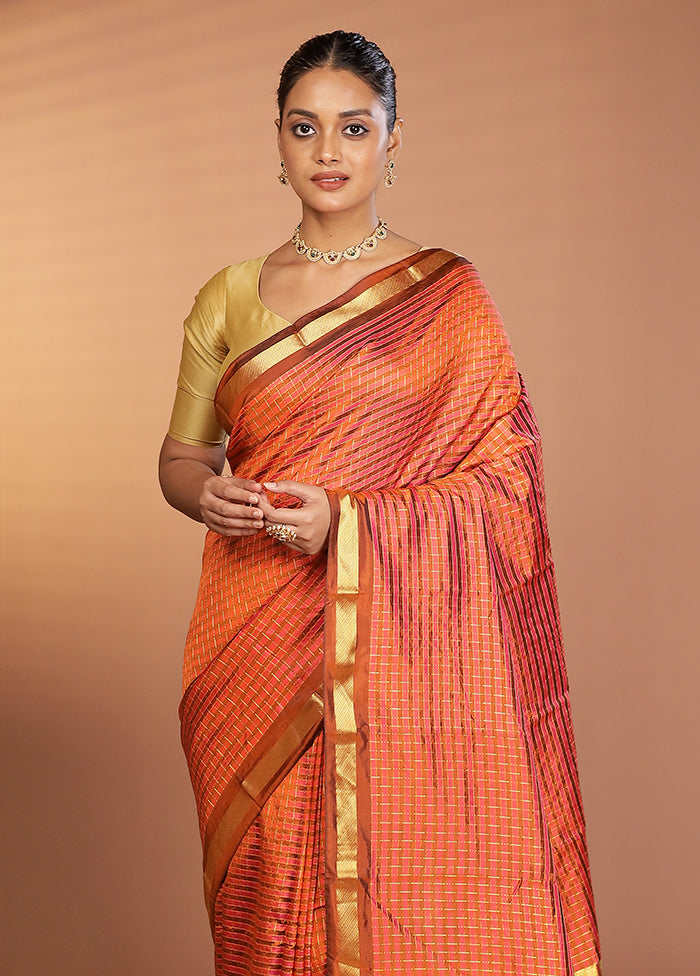 Rust Handloom Kanjivaram Pure Silk Saree With Blouse Piece