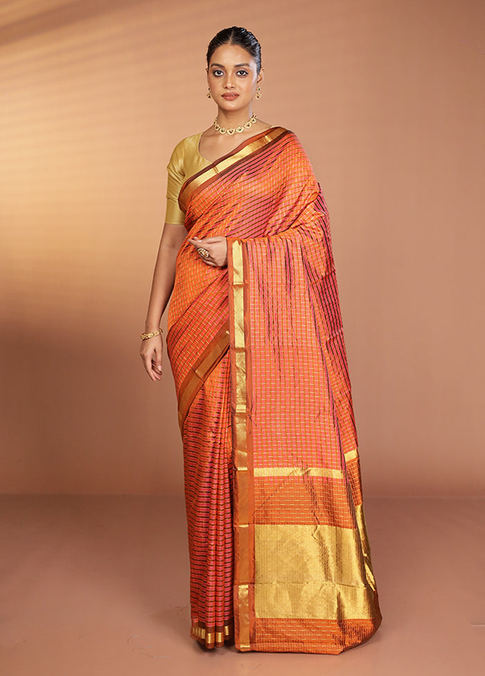 Rust Handloom Kanjivaram Pure Silk Saree With Blouse Piece