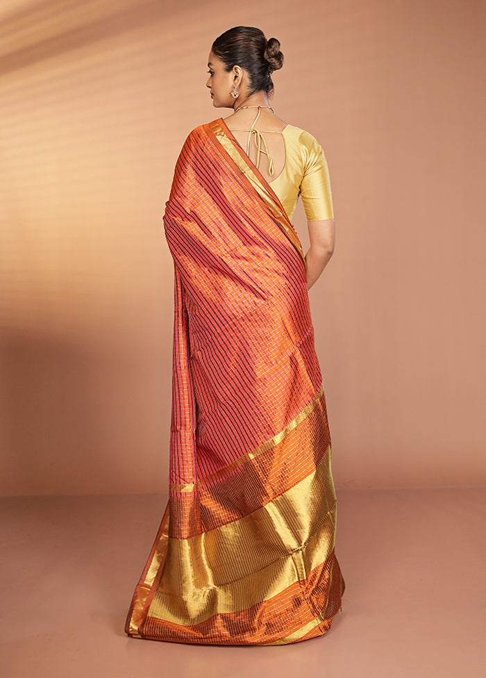 Rust Handloom Kanjivaram Pure Silk Saree With Blouse Piece