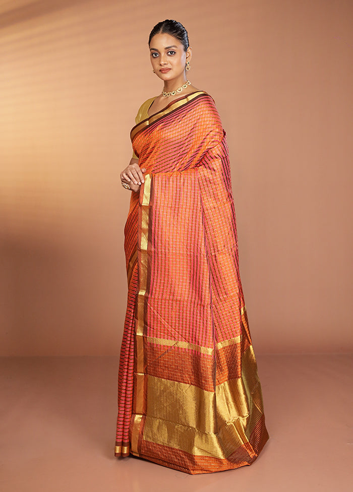 Rust Handloom Kanjivaram Pure Silk Saree With Blouse Piece