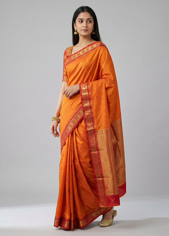 Orange Kanjivaram Silk Saree With Blouse Piece