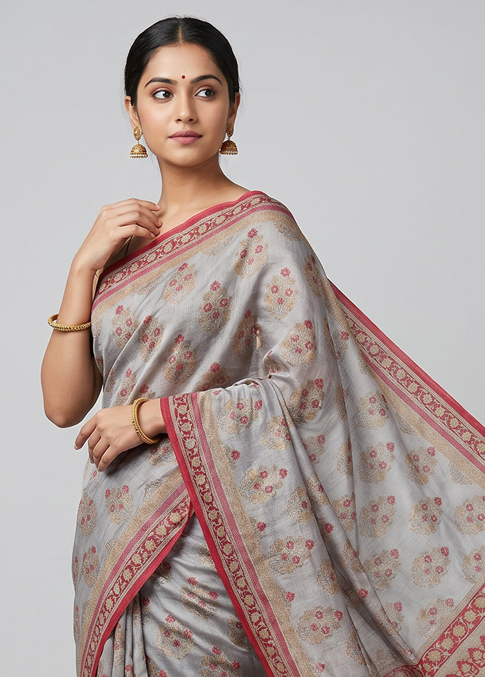 Grey Printed Silk Saree Without Blouse Piece