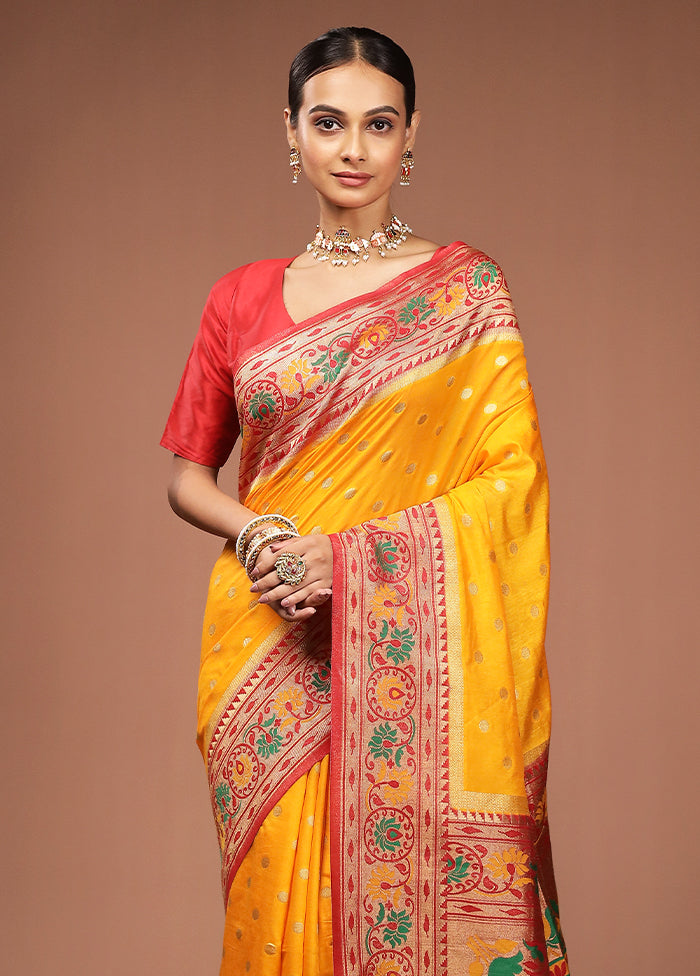 Yellow Dupion Silk Saree With Blouse Piece