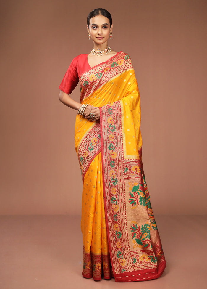Yellow Dupion Silk Saree With Blouse Piece