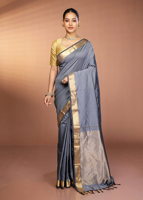 Grey Kanjivaram Silk Saree With Blouse Piece