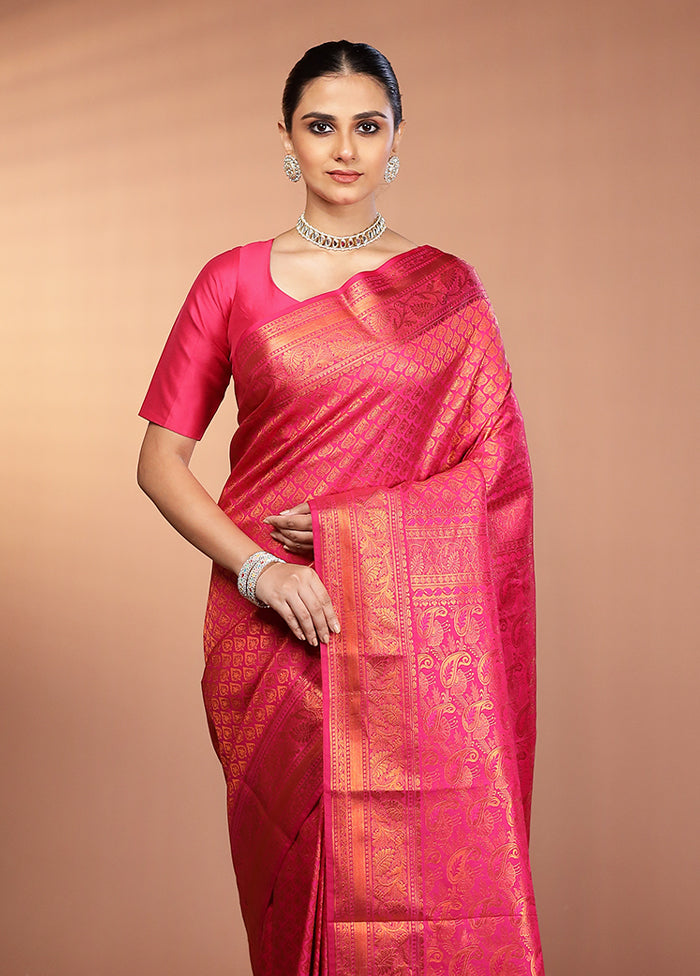 Pink Kanjivaram Silk Saree With Blouse Piece
