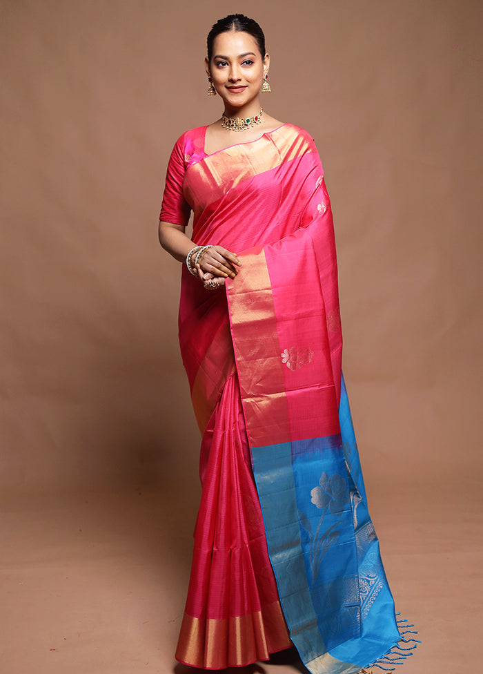 Pink Handloom Kanchipuram Pure Silk Saree With Blouse Piece