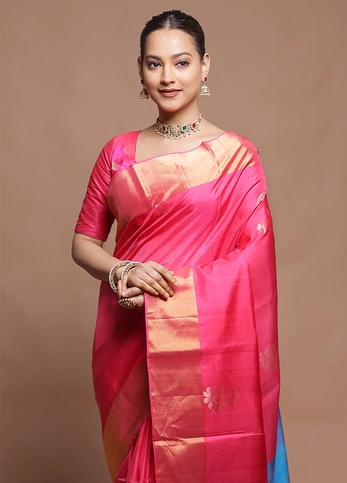 Pink Handloom Kanchipuram Pure Silk Saree With Blouse Piece