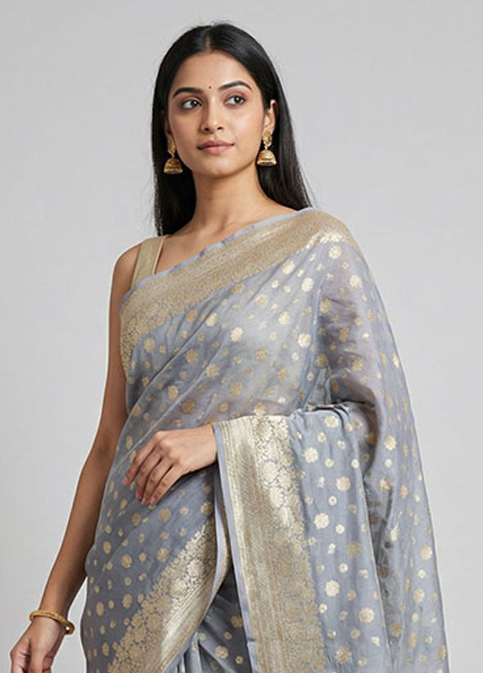 Grey Kora Silk Saree With Blouse Piece