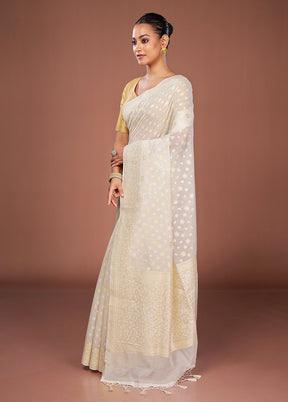 Cream Kora Silk Saree With Blouse Piece