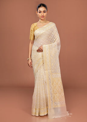 Cream Kora Silk Saree With Blouse Piece
