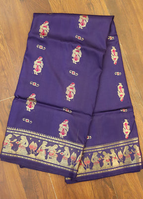 Purple Handloom Baluchari Pure Silk Saree With Blouse Piece