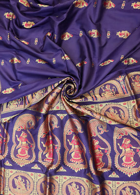 Purple Handloom Baluchari Pure Silk Saree With Blouse Piece