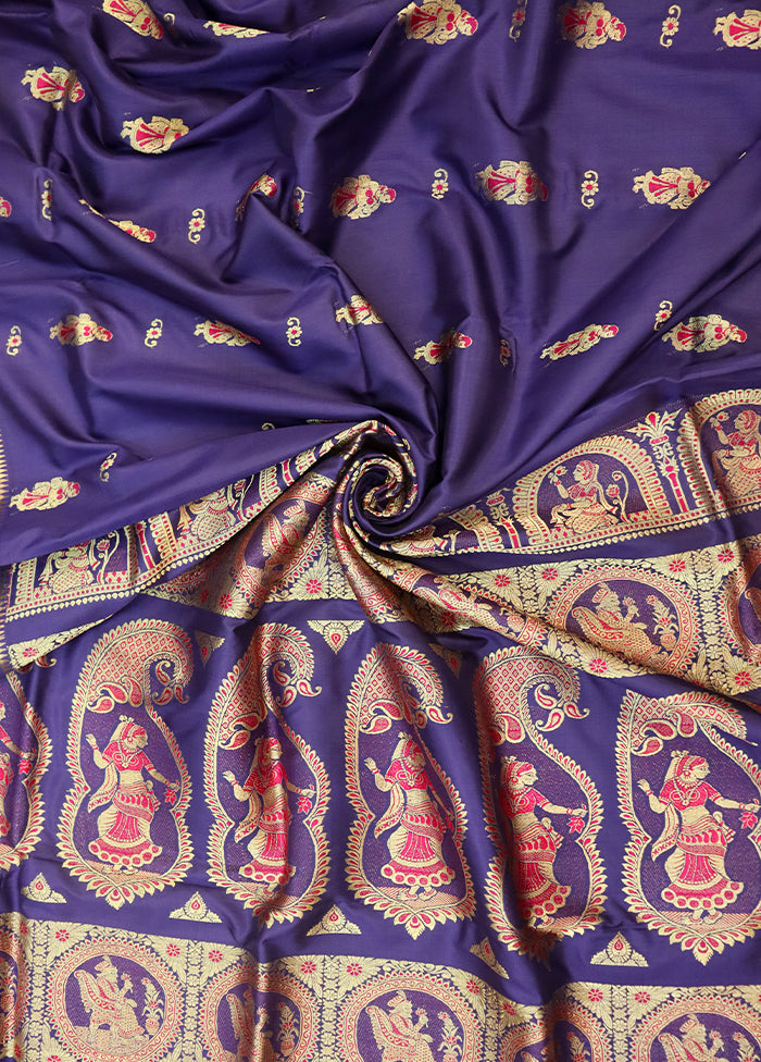 Purple Handloom Baluchari Pure Silk Saree With Blouse Piece