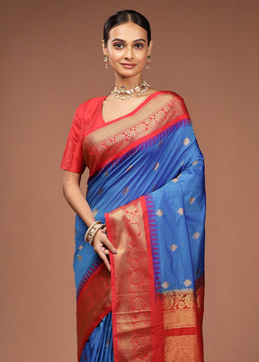 Blue Gadwal Silk Saree Without Blouse Piece