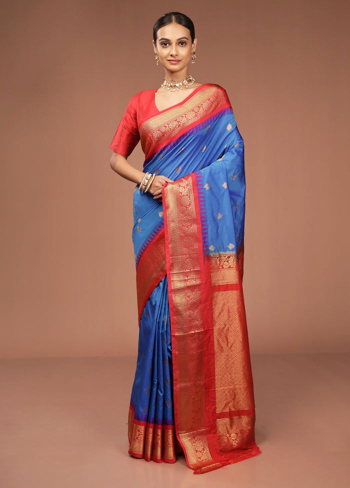Blue Gadwal Silk Saree Without Blouse Piece