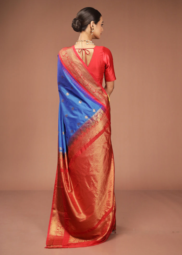 Blue Gadwal Silk Saree Without Blouse Piece