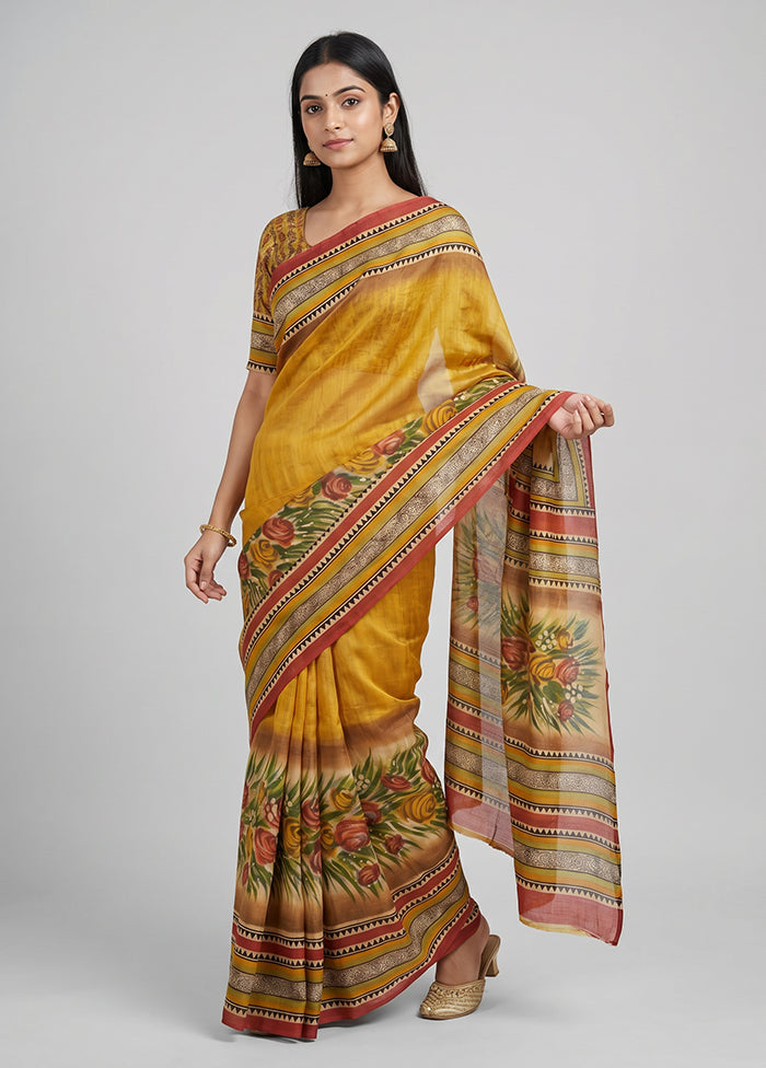 Yellow Printed Pure Silk Saree Without Blouse Piece