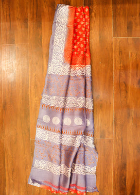 Orange Printed Pure Silk Saree Without Blouse Piece