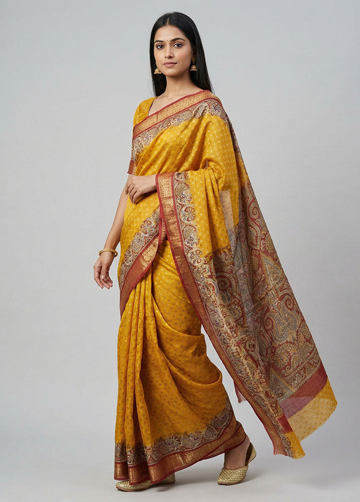Yellow Printed Pure Silk Saree Without Blouse Piece