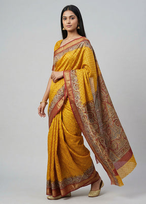 Yellow Printed Pure Silk Saree Without Blouse Piece