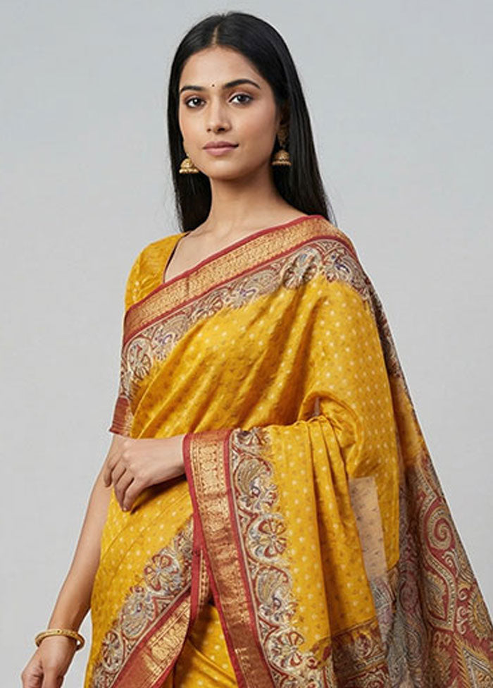 Yellow Printed Pure Silk Saree Without Blouse Piece